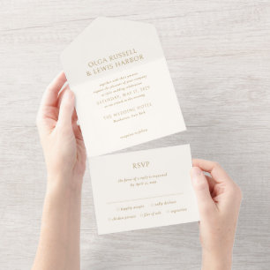 Invitation Tout En Un Olga Ivory et Gold Mariage moderne