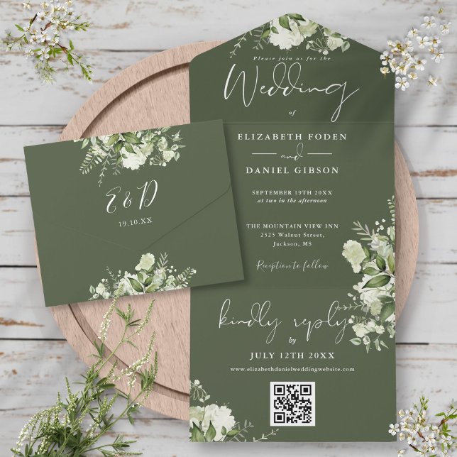Invitation Tout En Un Olive Green Floral QR Code Monogramme Mariage (Olive Green Floral QR Code Monogram Wedding All In One Invitation)