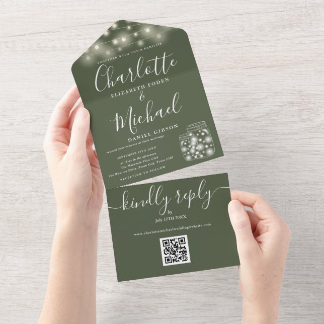 Invitation Tout En Un Olive QR Code Mason Jars String Mariage (Déchirure)