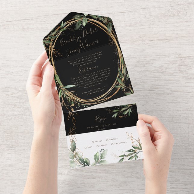 Invitation Tout En Un Onyx noir Premium | Boho Green | Eucalyptus | (Déchirure)
