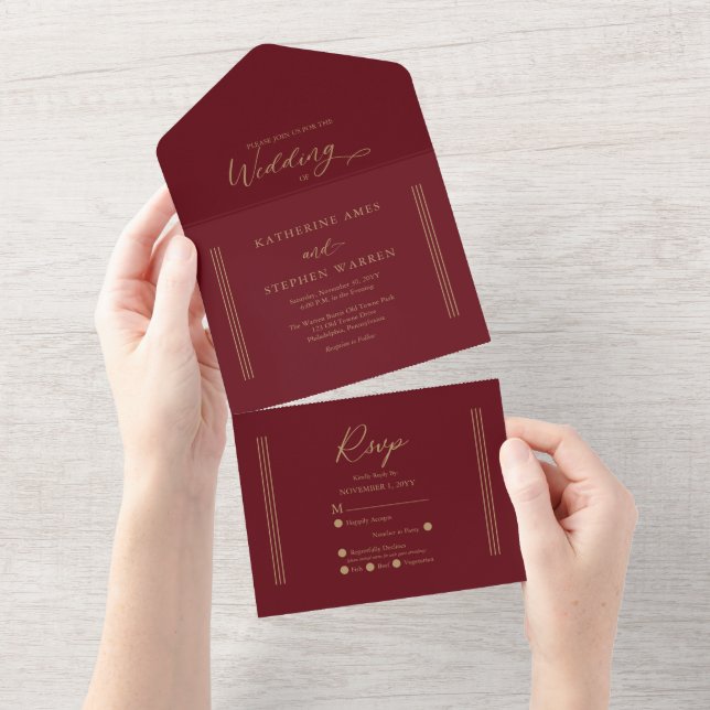 Invitation Tout En Un Or antique moderne | Mariage minimaliste rouge fon (Déchirure)