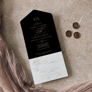 Invitation Tout En Un Or Monogramme Noir Mariage Calligraphie Romantique