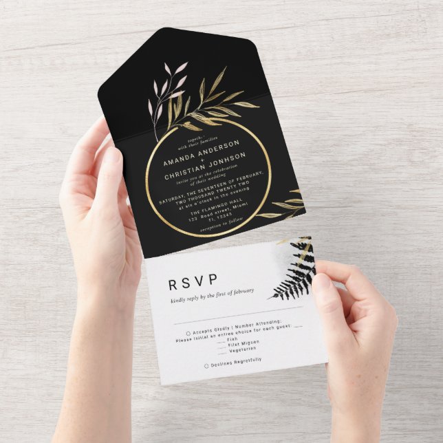 Invitation Tout En Un Or noir moderne | Mariage Botanique Monstera Palm (Déchirure)