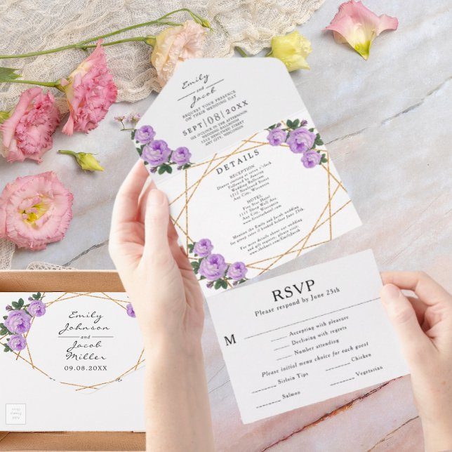 Invitation Tout En Un Or Pailleté Géométrique Fleurs Violettes Mariage R (Créateur téléchargé)