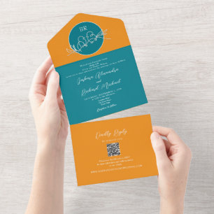Invitation Tout En Un Orange moderne et Mariage Turquoise