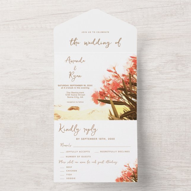 Invitation Tout En Un Orange Oleander Fleurs Tropical Beach Wedding (À l'intérieur)