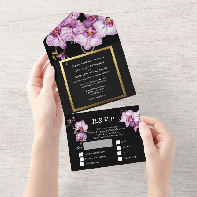Invitation Tout En Un Orchidée violette noire mariage luxueux (Déchirure)