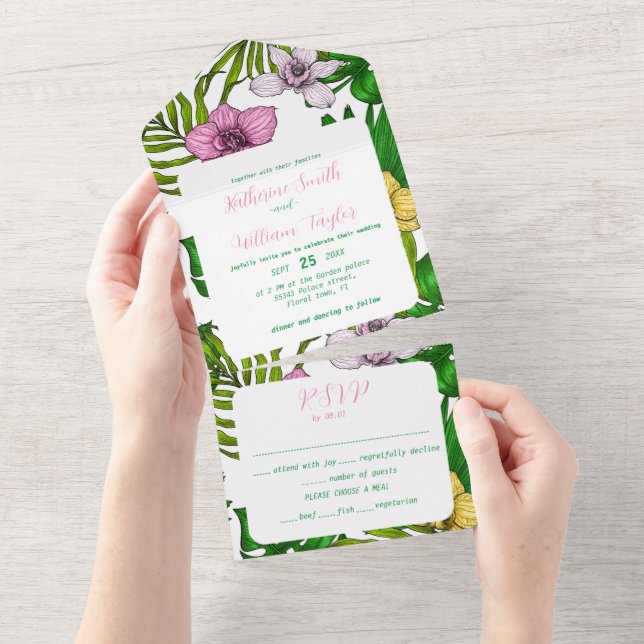 Invitation Tout En Un Orchidées et feuilles de palmiers (Déchirure)