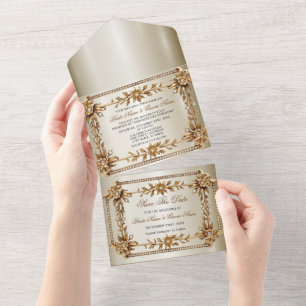 Invitation Tout En Un Orné Or Rectangle Fleurs Dimond Mariage brillant