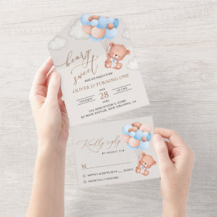 Invitation Tout En Un Ours Bébé, Ballons Bleus, Premier anniversaire