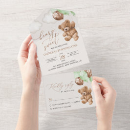 Invitation Tout En Un Ours En Conflit, Ballons Verts, Premier Anniversai