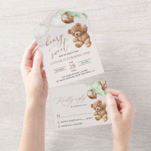 Invitation Tout En Un Ours En Conflit, Ballons Verts, Premier Anniversai