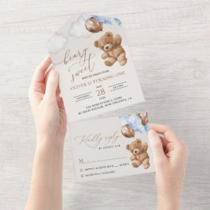 Invitation Tout En Un Ours En Joue, Ballons Bleus, Premier Anniversaire