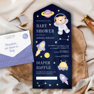 Invitation Tout En Un Ours en peluche astronaute bleu pour Baby Shower E