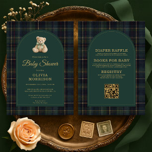 Invitation Tout en Un Ours en Peluche Carreaux Verts Baby Sho