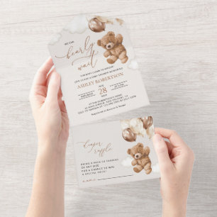 Invitation Tout En Un ours en peluche, ours bébé, ballons Brown, Baby sh