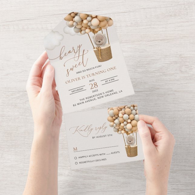 Invitation Tout En Un Ours mignon, Ballons Beiges, Premier Anniversaire (Déchirure)
