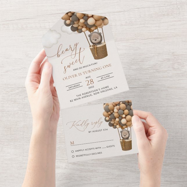 Invitation Tout En Un Ours mignon, Ballons Brown, Premier anniversaire (Déchirure)