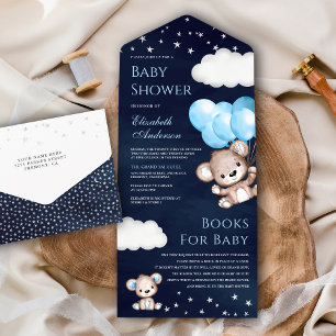 Invitation Tout En Un Ourson Mignon Ballons Bleus Fête de Naissance Navy