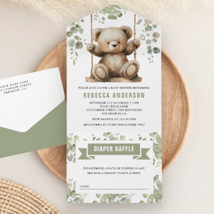 Invitation Tout En Un Ourson Mignon sur une Balançoire Baby Shower Eucal