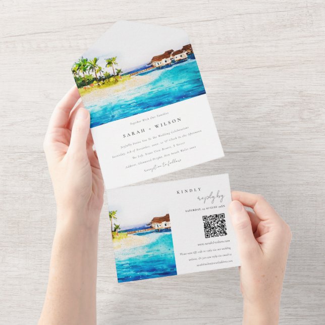 Invitation Tout En Un Overwater Villa Seascape Beach Wedding Code QR (Déchirure)