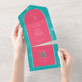 Invitation Tout En Un Palm Tree Rose Bleu Plage Mariage QR Code RSVP