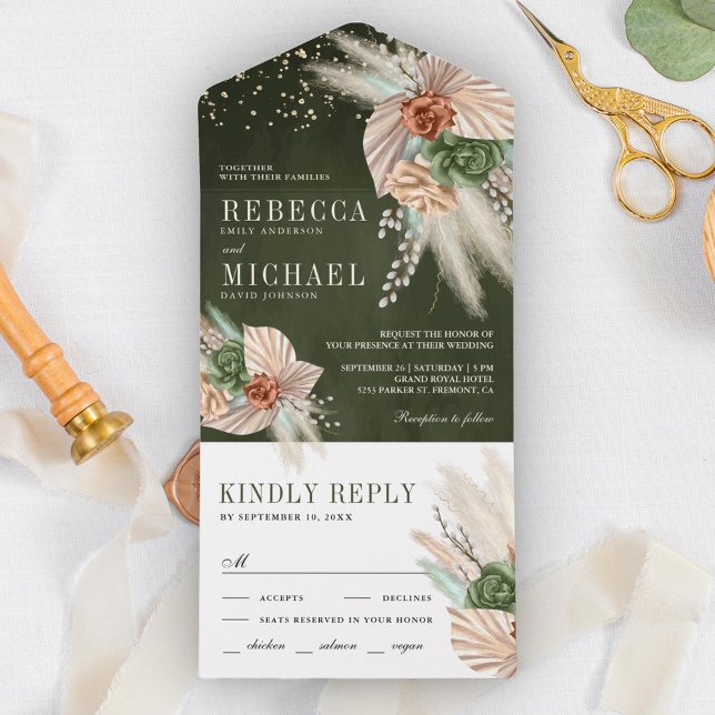 Invitation Tout En Un Palme d'ivoire Terme Pampas Sage Mariage vert (Créateur téléchargé)
