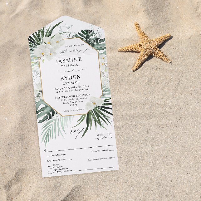 Invitation Tout En Un Palme tropicale et Mariage floral blanc (Créateur téléchargé)
