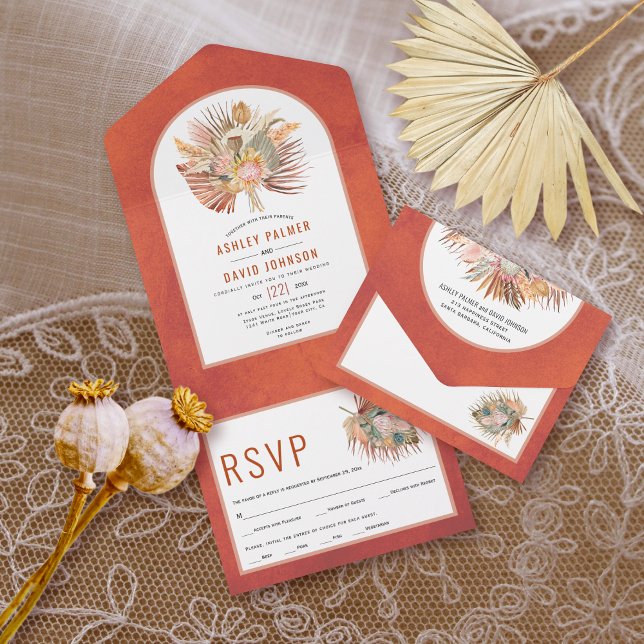 Invitation Tout En Un Palmiers séchés et pampas herbe rouille mariage (Créateur téléchargé)