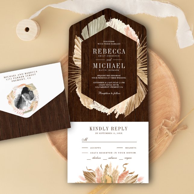 Invitation Tout En Un Pampas Rustique Feuille Mariage en laiton séché Pa (Créateur téléchargé)