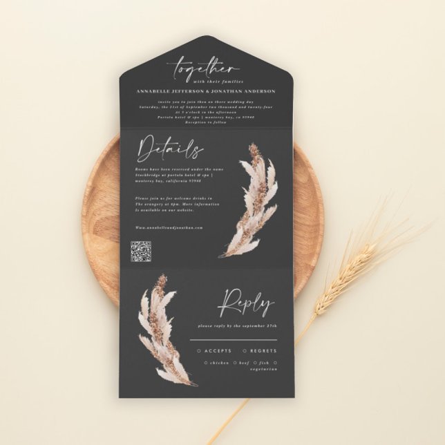 Invitation Tout En Un Pampas rustique moderne eucalyptus mariage code QR (Créateur téléchargé)