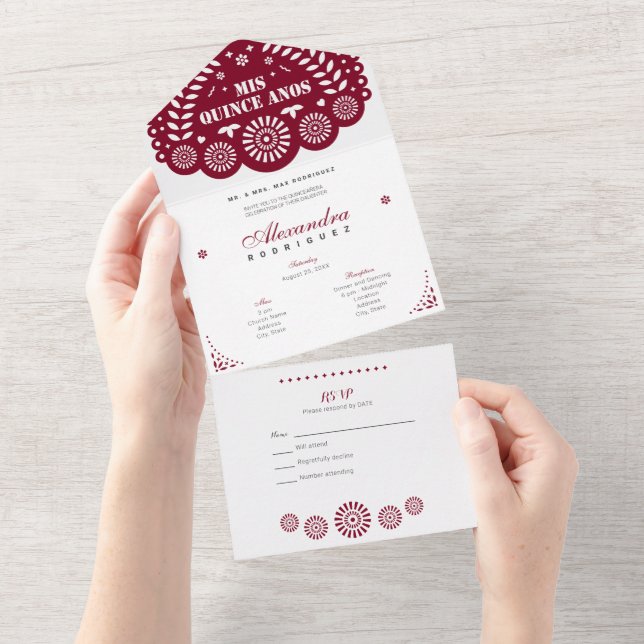 Invitation Tout En Un Papel Bourgogne Picado Mis Quince Años (Déchirure)
