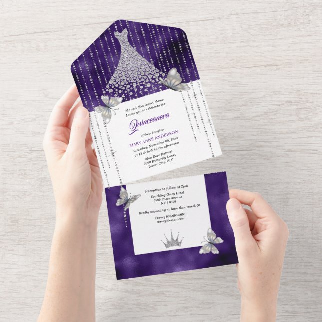 Invitation Tout En Un Papillon argenté pourpre frayeur anniversaire (Déchirure)