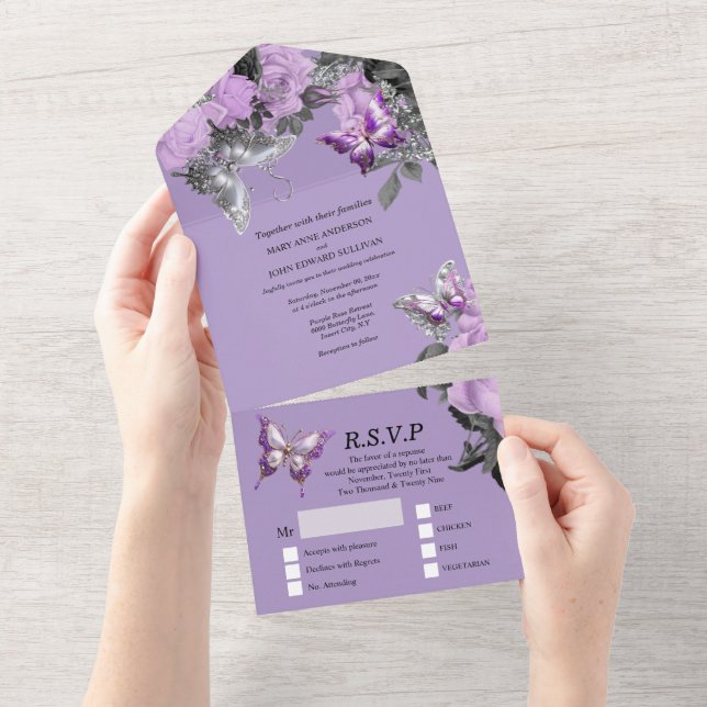 Invitation Tout En Un Papillon argenté violet mariage élégant été (Déchirure)