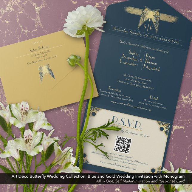 Invitation Tout En Un Papillon Art Déco Monogramme Mariage bleu or (Art Deco Butterfly All In One Wedding Invitation: Blue & Gold with Monogram. QR Code response card.)