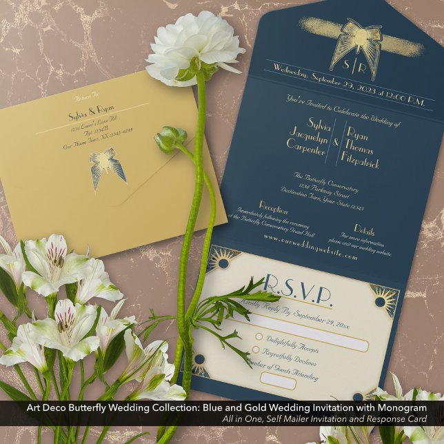 Invitation Tout En Un Papillon Art Déco Monogramme Mariage bleu or (Art Deco Butterfly All In One Wedding Invitation: Blue and Gold with a Monogram.)