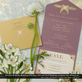 Invitation Tout En Un Papillon Art déco Monogramme Mariage or rose