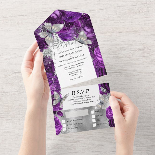 Invitation Tout En Un Papillon blanc prune argenté brimmer parties scint (Déchirure)