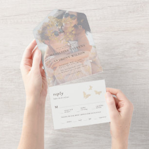 Invitation Tout En Un Papillon d'or Élégant Romantique Photo Un Mariage
