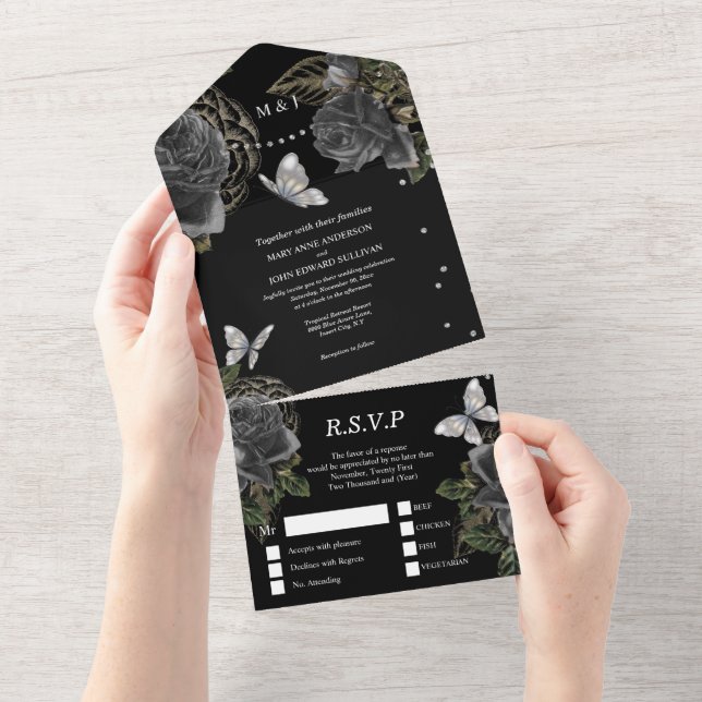 Invitation Tout En Un Papillon noir argent glam rose floral chic  (Déchirure)