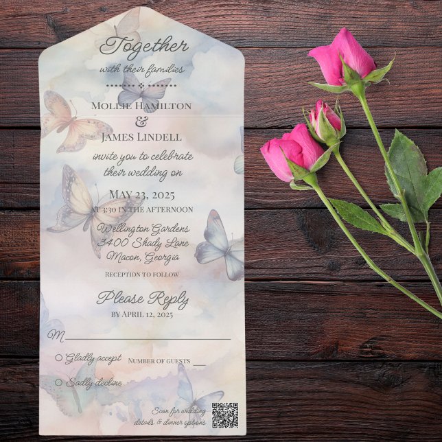 Invitation Tout En Un Papillons pastel aquarelle avec code QR (Créateur téléchargé)