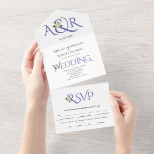 Invitation Tout En Un Paraphe bleu périphérique, ampersand, mariage rose