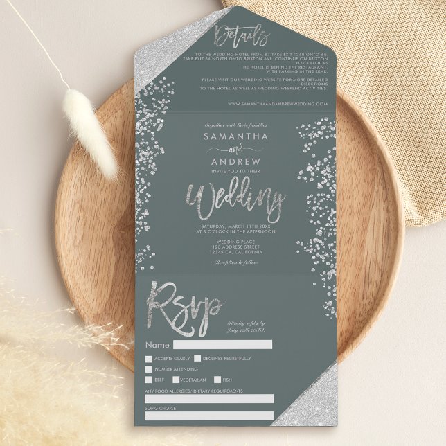 Invitation Tout En Un Parties scintillant argent chic confetti sauge ver (Créateur téléchargé)