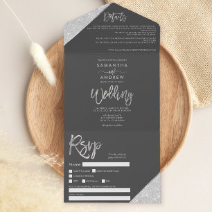 Invitation Tout En Un Parties scintillant argent chic typographie gris m