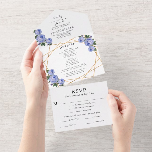 Invitation Tout En Un Parties scintillant d'or Geo Blue Floral Wedding R (Déchirure)