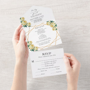 Invitation Tout En Un Parties scintillant d'or Geo Jaune Floral Mariage 