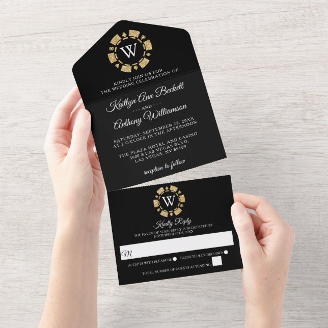 Invitation Tout En Un Parties scintillant d'or Monogram Poker Chip Casin (Déchirure)