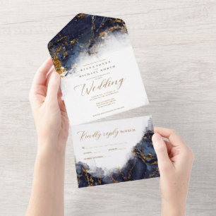 Invitation Tout En Un Parties scintillant en marbre Mariage Marine Blue