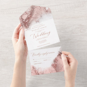 Invitation Tout En Un Parties scintillant en marbre Mariage Rose Gold ID