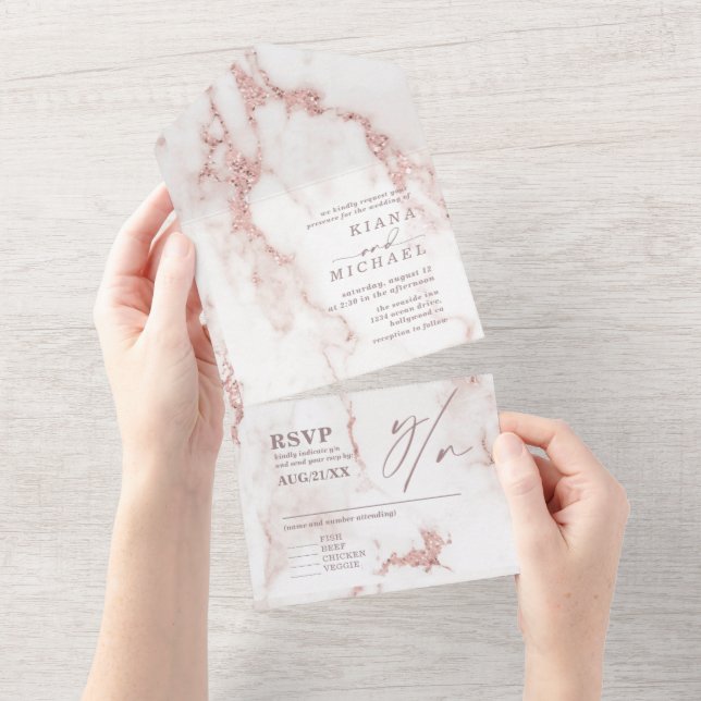 Invitation Tout En Un Parties scintillant en marbre moderne Mariage Rose (Déchirure)